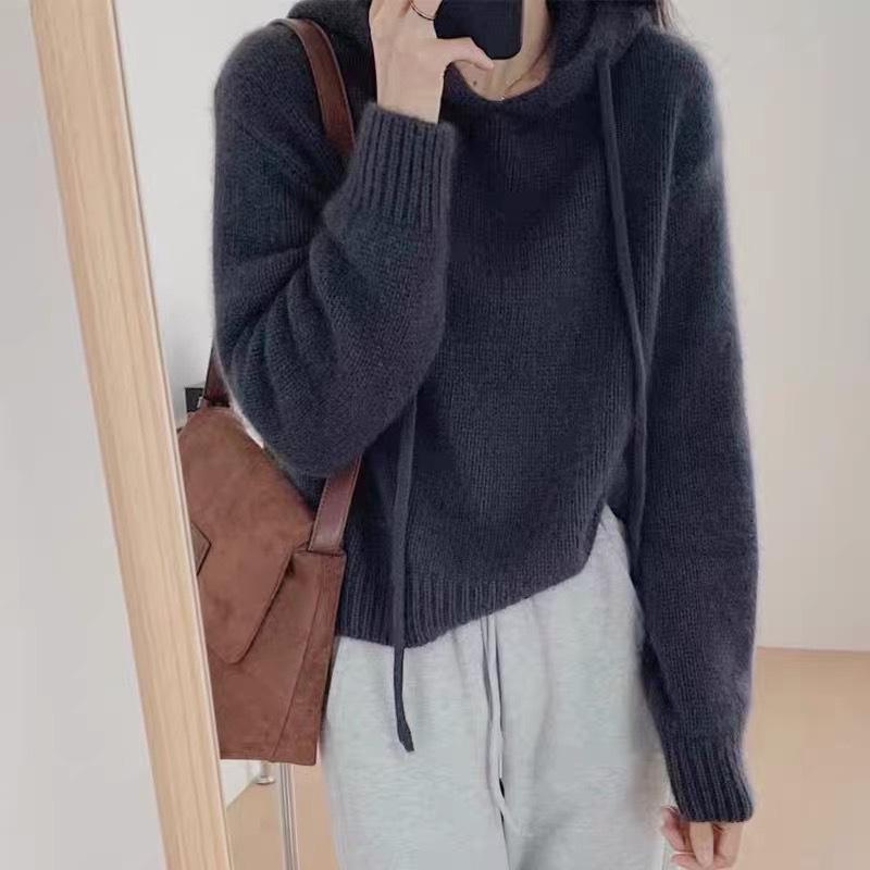 Women's Cashmere Hooded Sweater: Thickened, Drawstring, Loose, Short, 100% Wool Knitwear for Autumn/Winter.