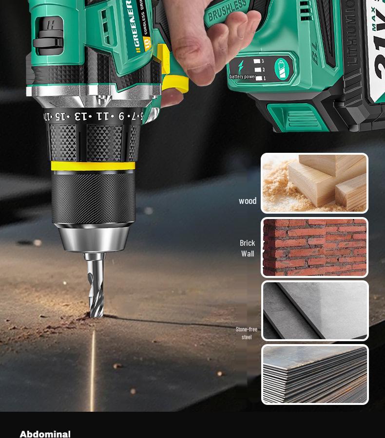 **Green Forest Impact Brushless Lithium Hand Drill: Multi-functional, High Power, Small Household Drill for Wall Chipping and Hole Drilling.**