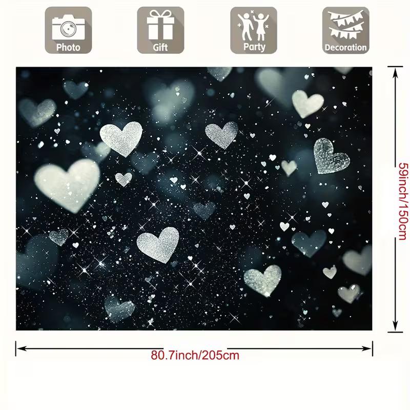 2D Black Silver Glitter Heart Backdrop Valentine's Day Photography Background