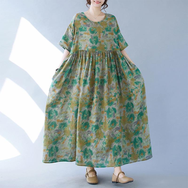 Новое женское длинное платье с круглым вырезом и принтом, свободное мягкое платье больших размеров, повседневное дышащее летнее пляжное платье для женщин