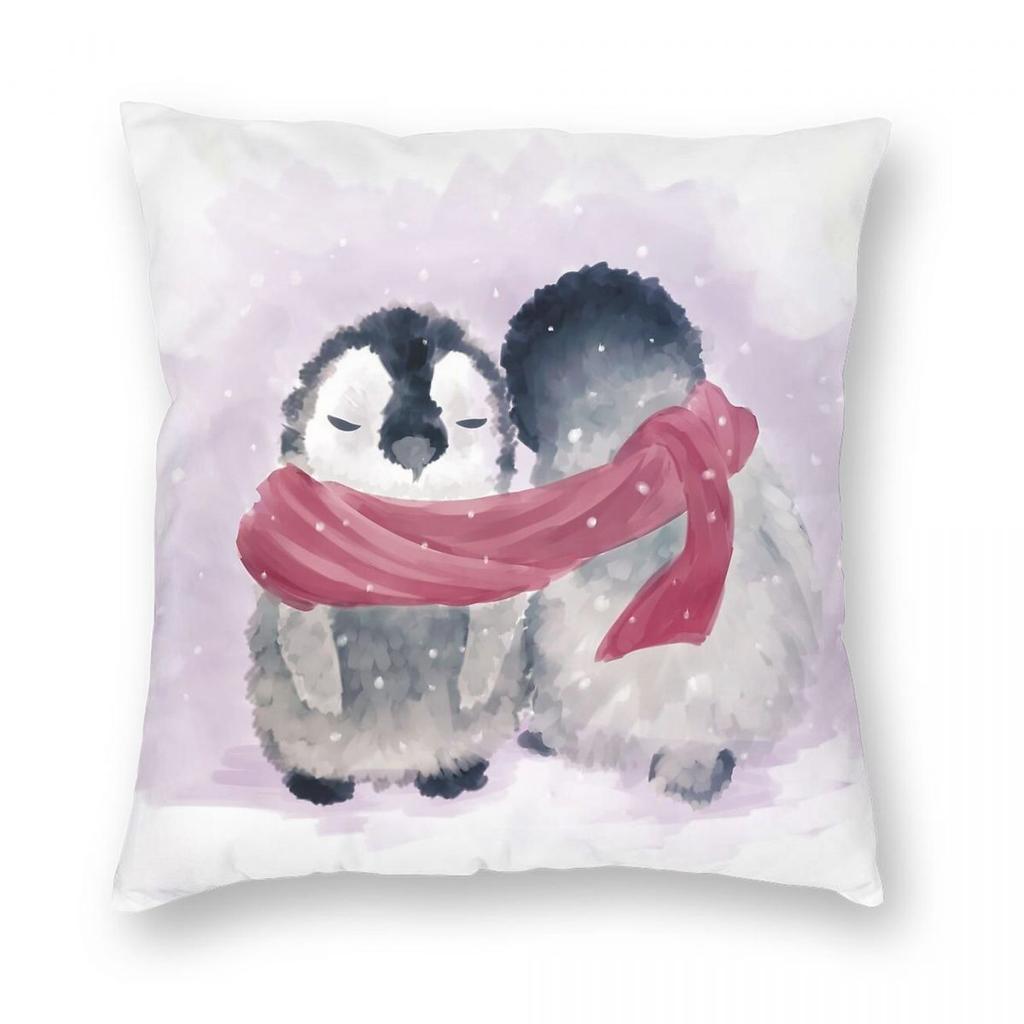 Penguin Cuddle Square Pillowcase Polyester Linen Velvet Pattern Zip Decor Pillow Case Sofa Seater Cushion Cover 18"