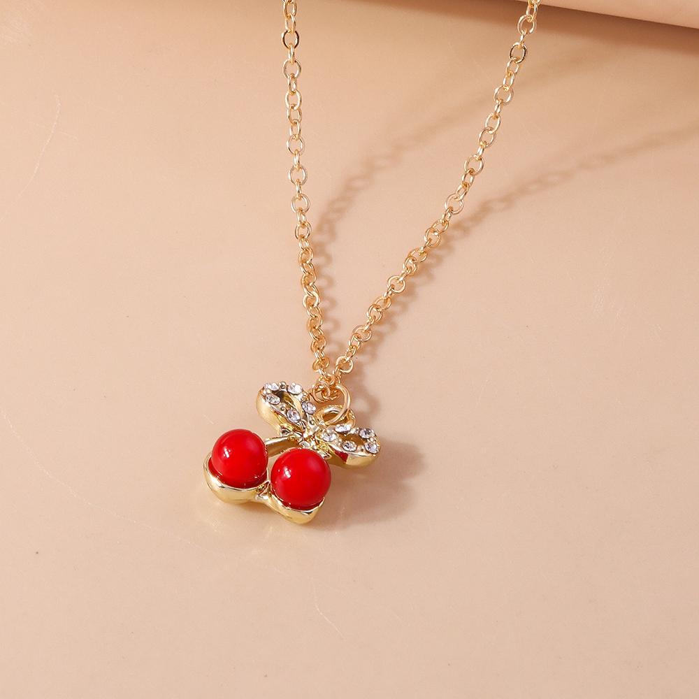Lovely Crystal Red Cherry Pendant Necklace for Women Girls Necklace Chain Birthday Party Jewelry Gifts