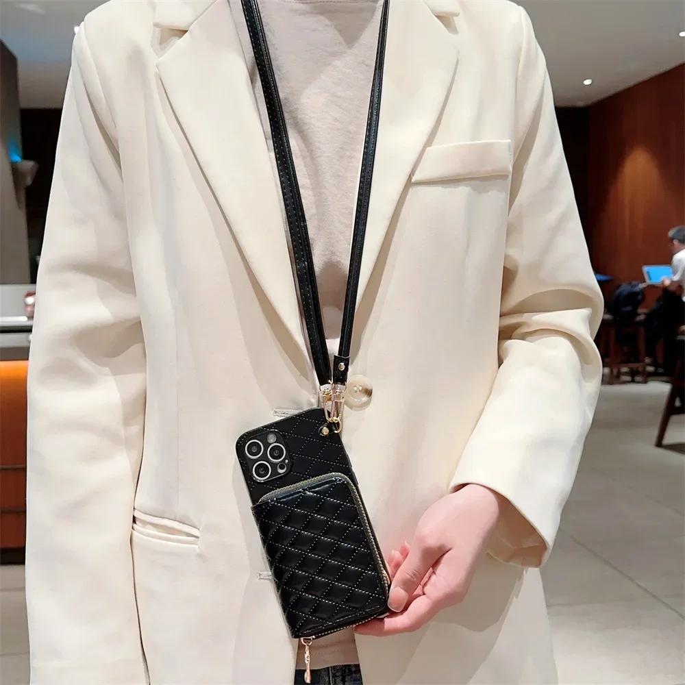 Чехол-кошелек на молнии для iPhone 16 15 14 13 12 11 Pro XS Max X XR 7 8 Plus с отделением для карт и кожаным шнурком