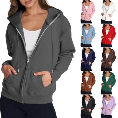 Женская повседневная модная однотонная толстовка с капюшоном и молнией с длинными рукавами