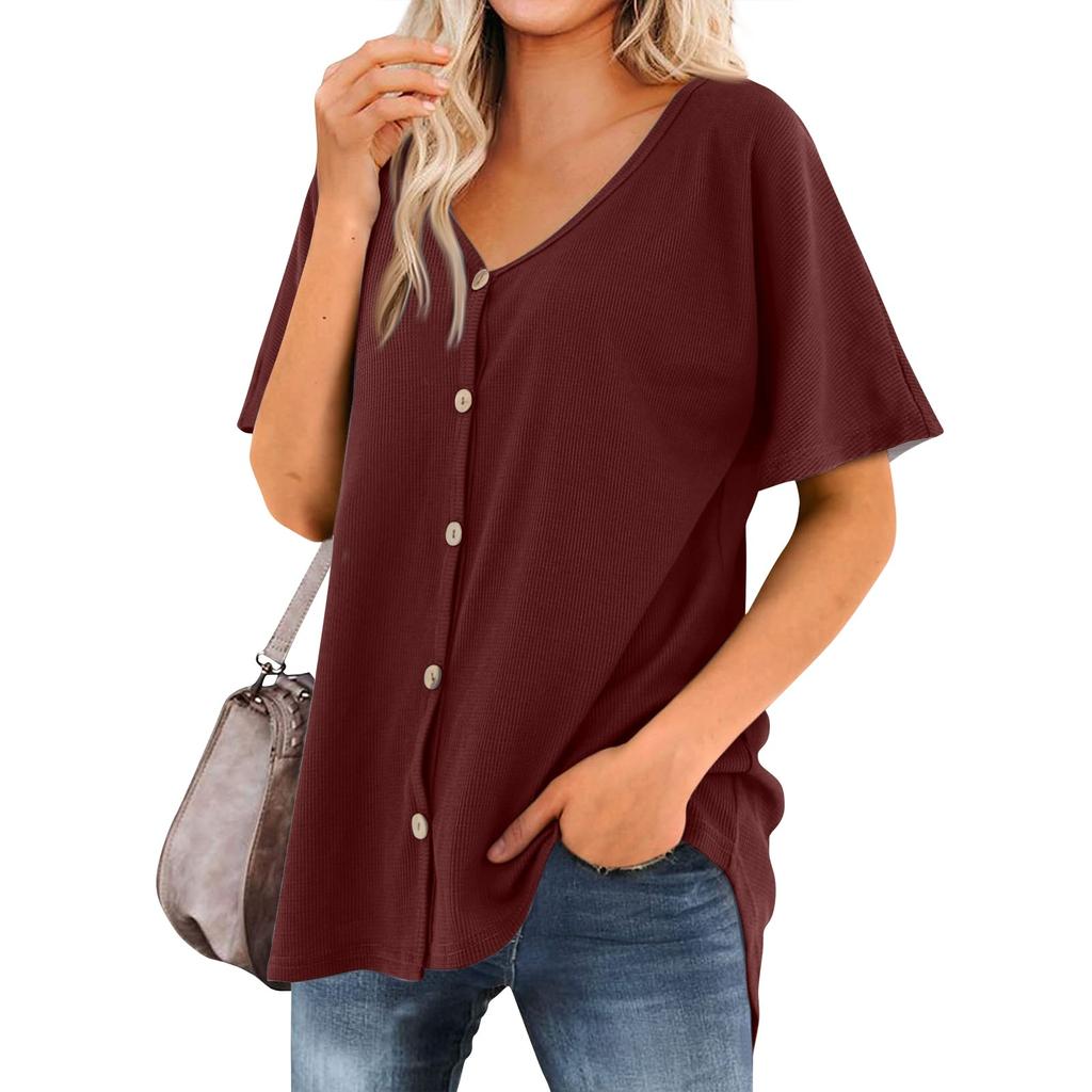 Women's T Shirt Tee Solid Color Women's Shirts V Neck Short Sleeve Button Up Tunic Tops Blouse