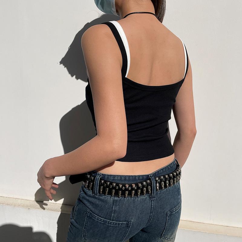 Contrast Fake Two-piece Crop Top Casual Patchwork Sleeveless Fashion Camis Vintage Y2k Women Summer Tees Ladies Mini Vest