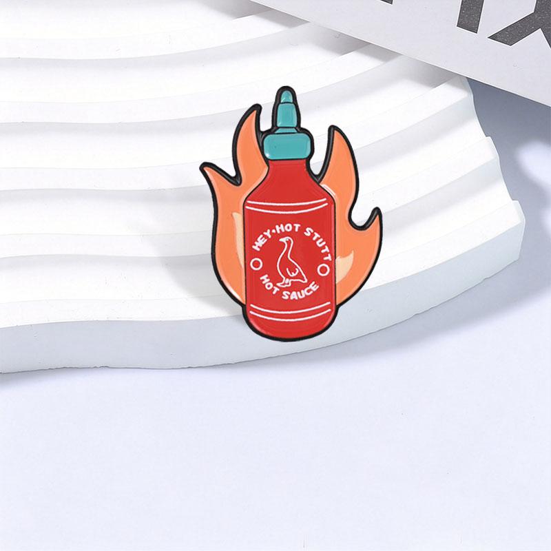 Xiaomi Hot Stuff Hot Sauce Bottle Cartoon Enamel Pin Funny Pun Red Sauce Bottle & Orange Flames Brooch Bag Lapel Hat Badge Jewelry Gift