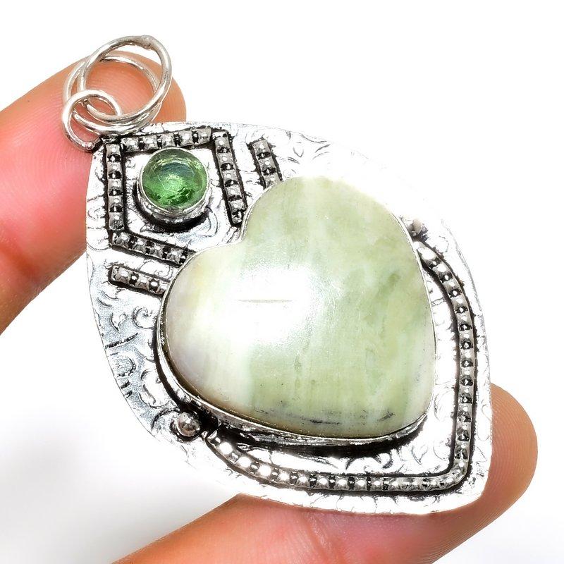 Swiss Green Opal Peridot Gemstone 925 Silver Plated Jewelry Pendant 2.46"