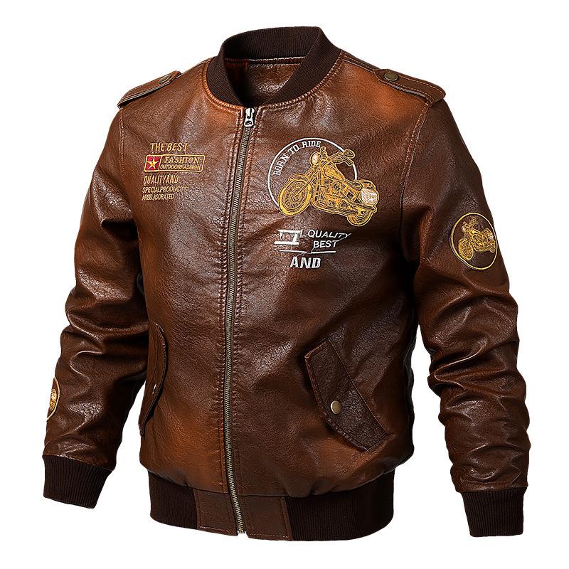 Autumn/Winter Leather Men's and Fleece Motorcycle Leather Jacket Trend Youth Baseball Clothing Embroidered Leather Jacket