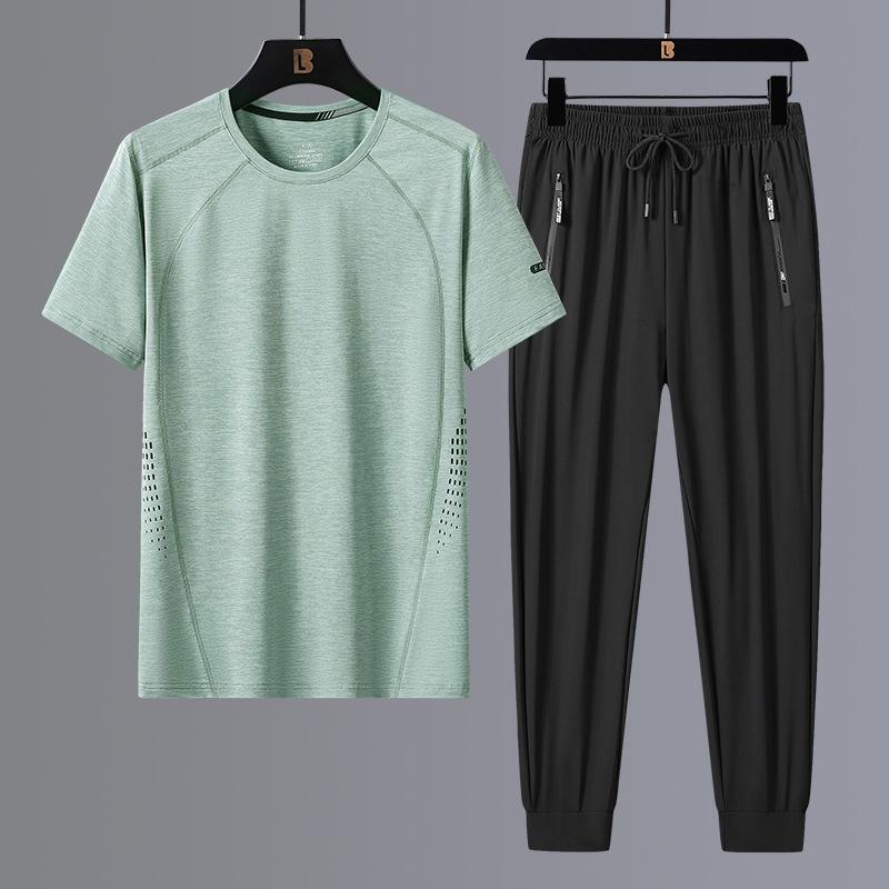 Новая летняя футболка, быстросохнущая ткань, мужские спортивные штаны из ледяного шелка для отдыха, комплект из двух предметов