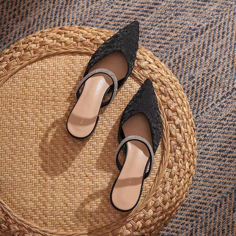 Тапочки Baotou, женская летняя одежда 2024 года, новые модные тапочки с острым носком на толстом каблуке, женственные женские туфли