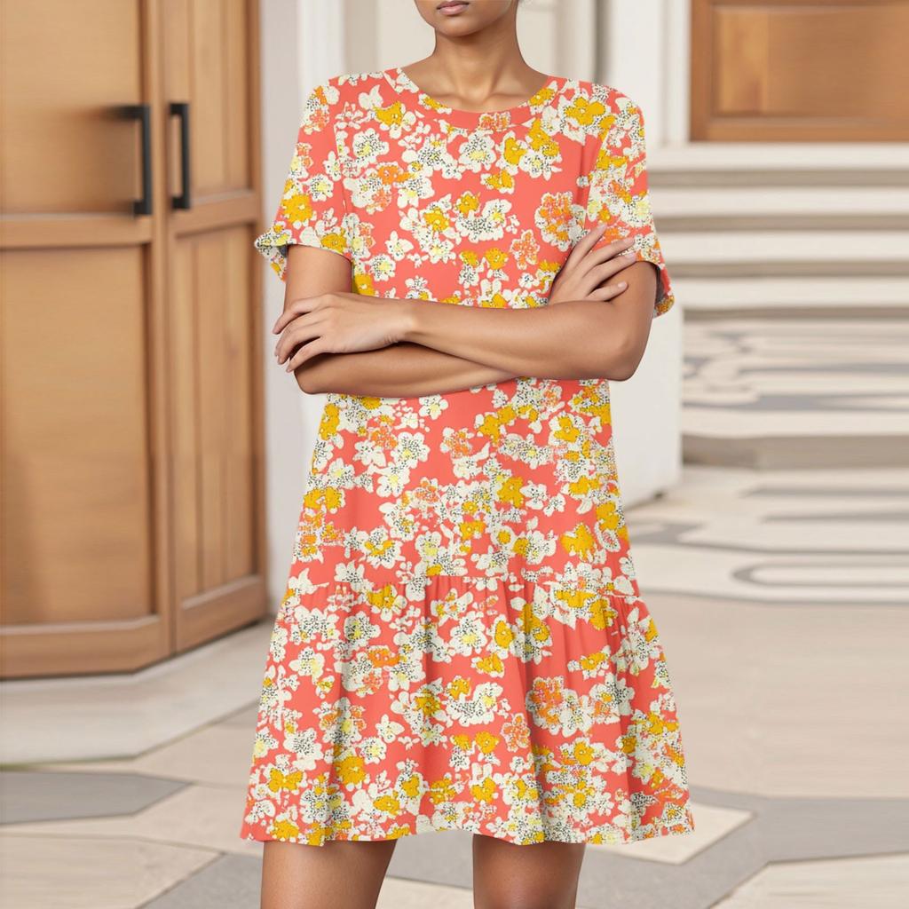 Women's Fashion Casual Round Neck Short Sleeve Leaf Floral Print Dress
