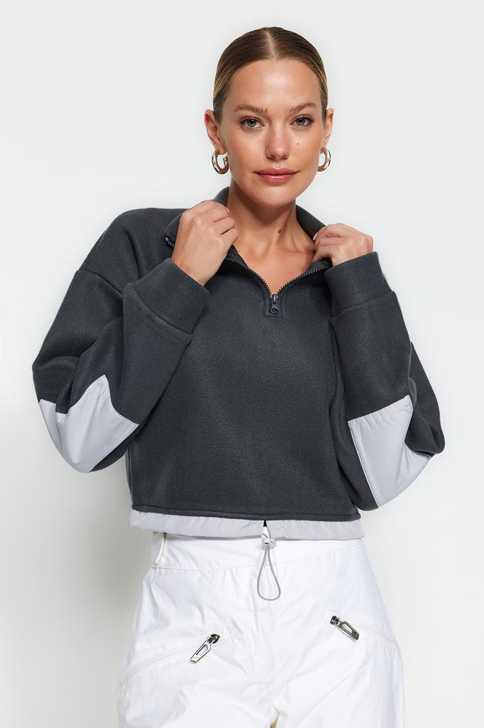 Women's Fashion New Sweatshirt Anthracite Crop Parachute Detailed Polo Neck Zipper Stopper Fleece Knitted Sweatshirt