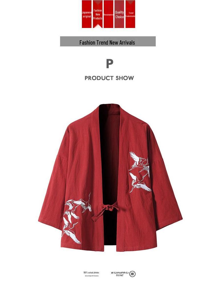 2025 Summer Men's Crane Embroidery Hanfu Cardigan – Chinese Style Kimono & Taoist Robe
