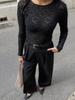 2026 New Lace Hollow Out Top for Women Pearl Button Slit Slim Flare Sleeve Long Sleeve T-Shirt