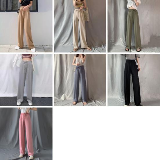 Women Ice Silk Pants Elastic High Waist Adjustable Drawstring Straight Wide Leg Pants Solid Color Long Trousers Daily Wear