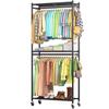 Sakugi Heavy-Duty Clothes Rack, Large Capacity, 2-Tier Storage, with Shelves, Hooks, and Casters, 33.2" Wide X 12.2" Deep X 80.6" High, for Bedrooms,
