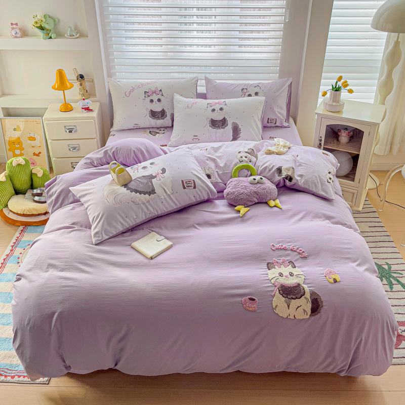 Cute Pink Cartoon Cat Towel Embroidery Girls Kids Bedding Set Soft Washed Cotton Duvet Covers Set Bed Sheet Pillowcases 3/4Pcs