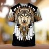 Men's and Women's Short Sleeved Round Neck T-shirt, 3D Exquisite Retro Printed Top, Indian Tribe Wolf Eagle Totem, Hip-hop Fashion