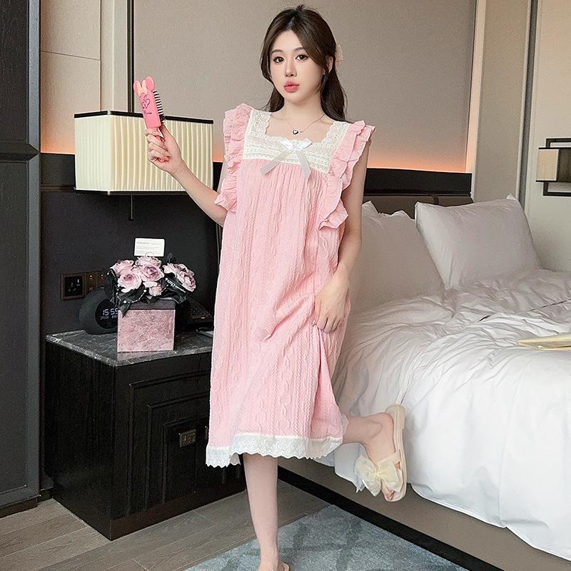 Милая женская летняя ночная рубашка с милыми рукавами-грибками, стиль «принцесса», средней длины и свободного кроя, подходит для ношения в помещении и на улице.