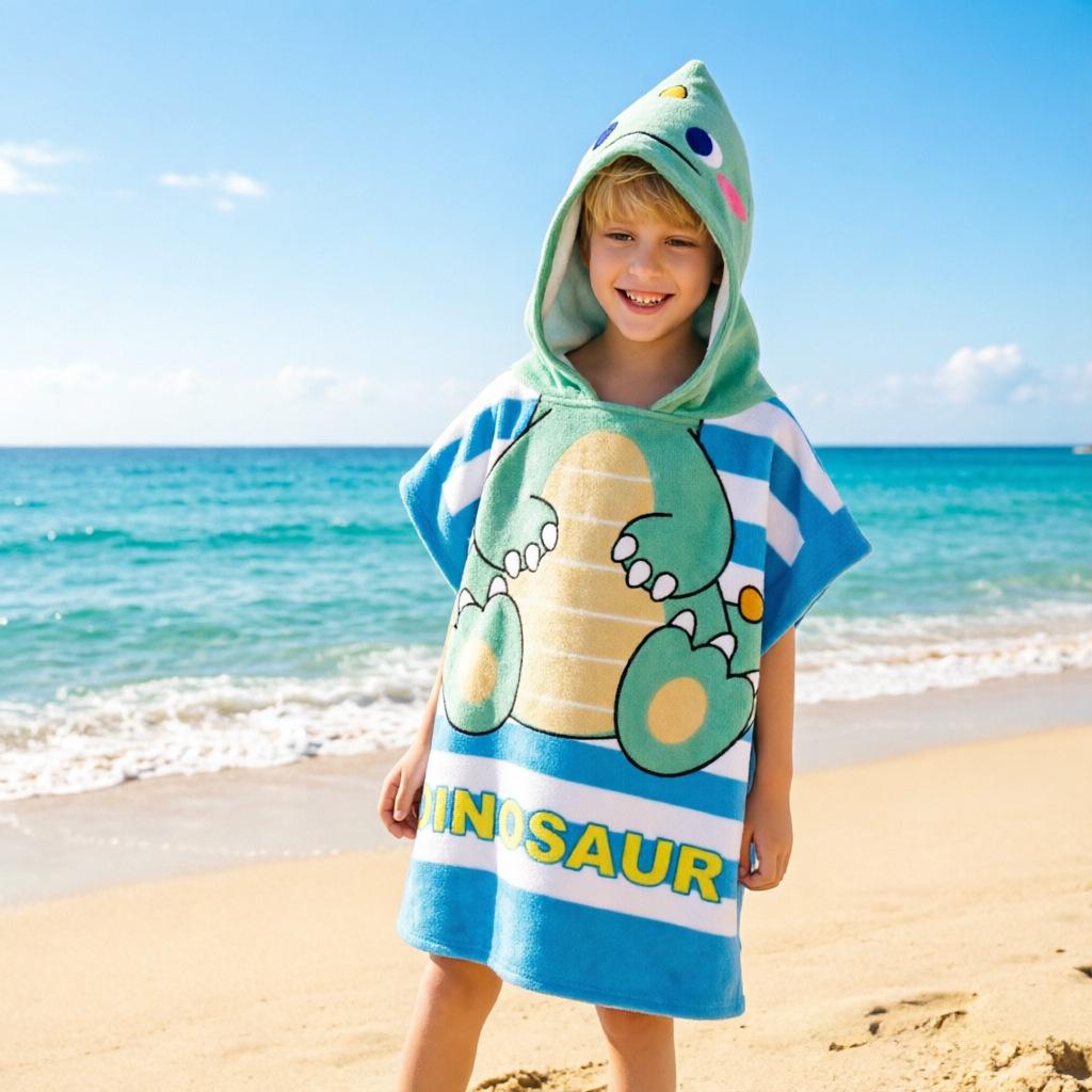 Ultra-Fine Fiber Cartoon Print Kids' Hooded Bath Towel Poncho