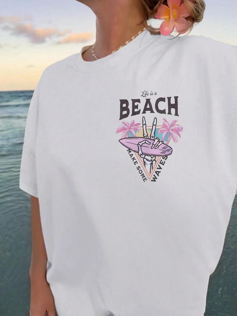 Life Is a Beach Letter Printing Cotton Tshirts for Women Summer Casual Comfortable Short Sleeve Loose ONeck Female Clothes