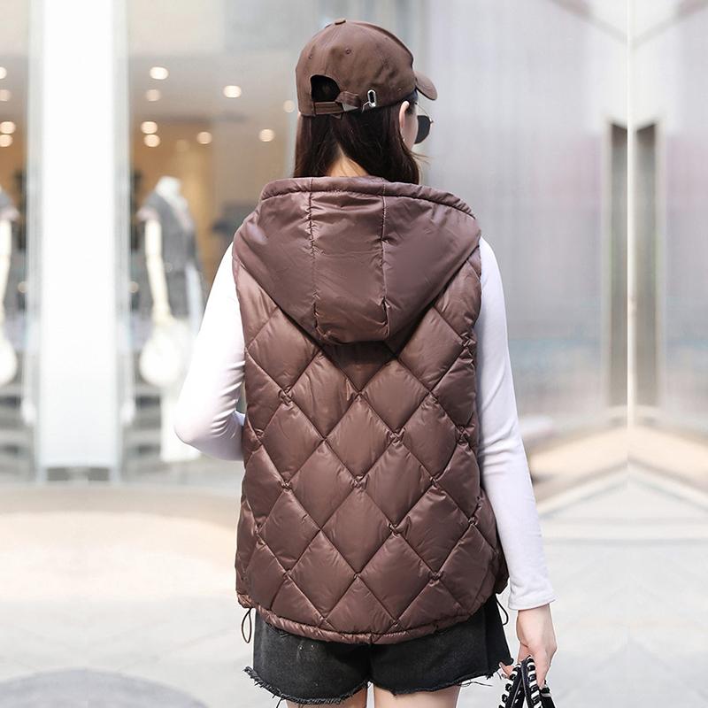Women Autumn Winter Soild Color Rhombus Thicken Outwear Cotton Padded Hooded Sleeveless Warm Jacket Coat Vest