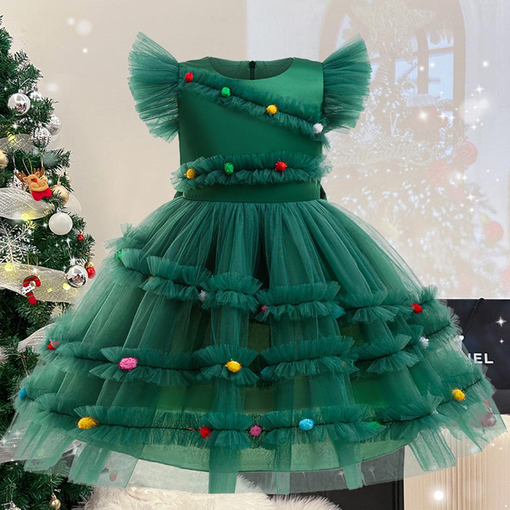 Kids Xmas Party Dress Girls Christmas Tree Tutu with Pompoms Flying Sleeve for Holiday Photo Shoot Celebration