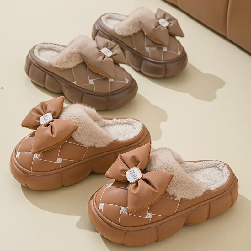 Женские зимние хлопковые тапочки с бантом на высоком каблуке - толстая подошва, плюс бархат, теплая повседневная одежда