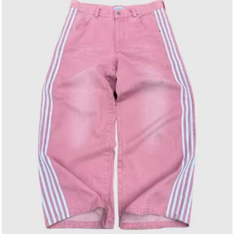 Ретро Харадзюку Персонализированные уличные джинсы Полосатый дизайн Прямые широкие брюки Свободные повседневные брюки