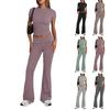 Women's Fashion Solid Color Round Neck Short Sleeve Top Wide Leg Pants Set