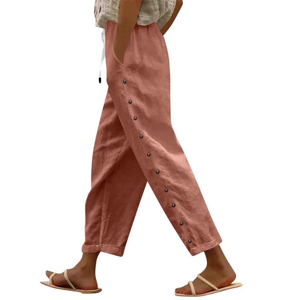 Women Casual Stripe Print Side Button Up Trendy Pants Baggy Elastic Waist Straight Leg Comfort Trousers With Pocket