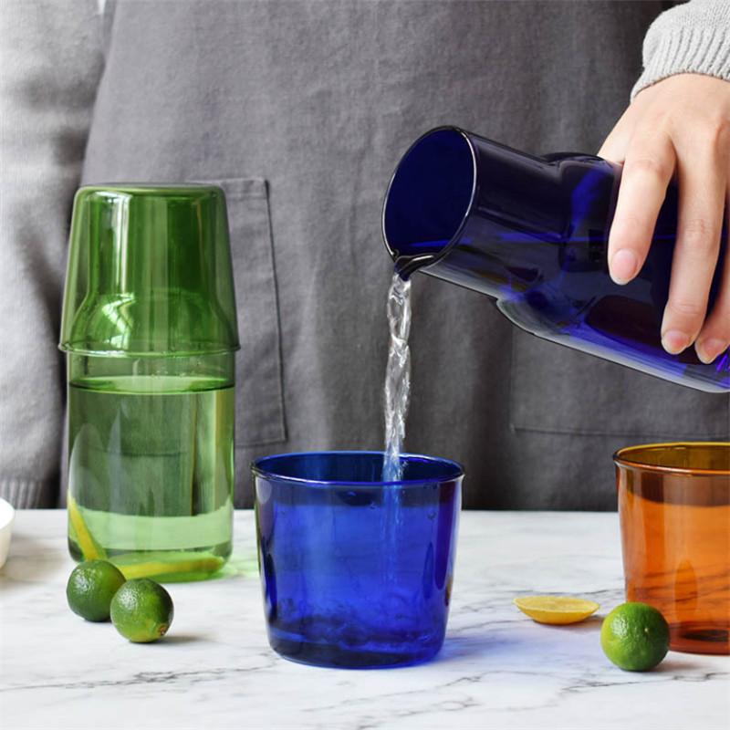 Japanese Style Transparent Candy Color Glass Teacup Set Simple Heat-Resistant Drinking Juice Cup with Tea Pitcher Water Bottle