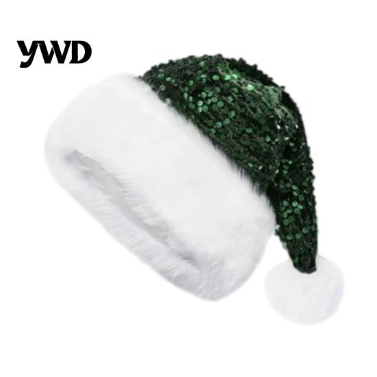 Large Size Christmas Santa Cap Sparkly Sequins Hat for Adults, Velvet Plush Glitter Bling Soft Holiday with Fluffy Pompom Xmas New Year Party Supplies
