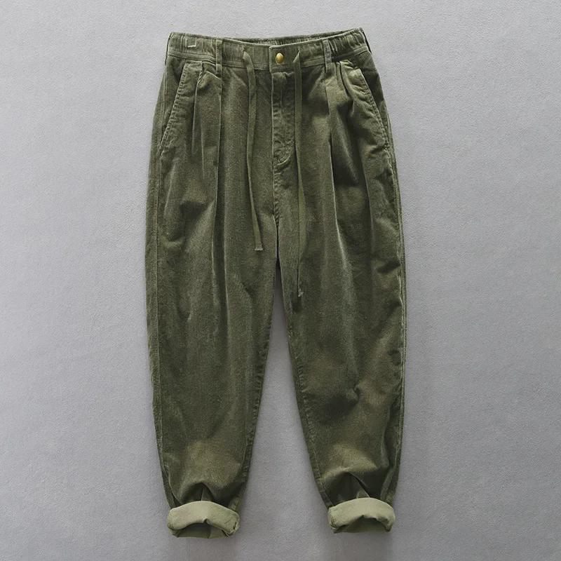 Мужские свободные широкие повседневные брюки Z398 цвета хаки из вельвета, хлопковые брюки на осень