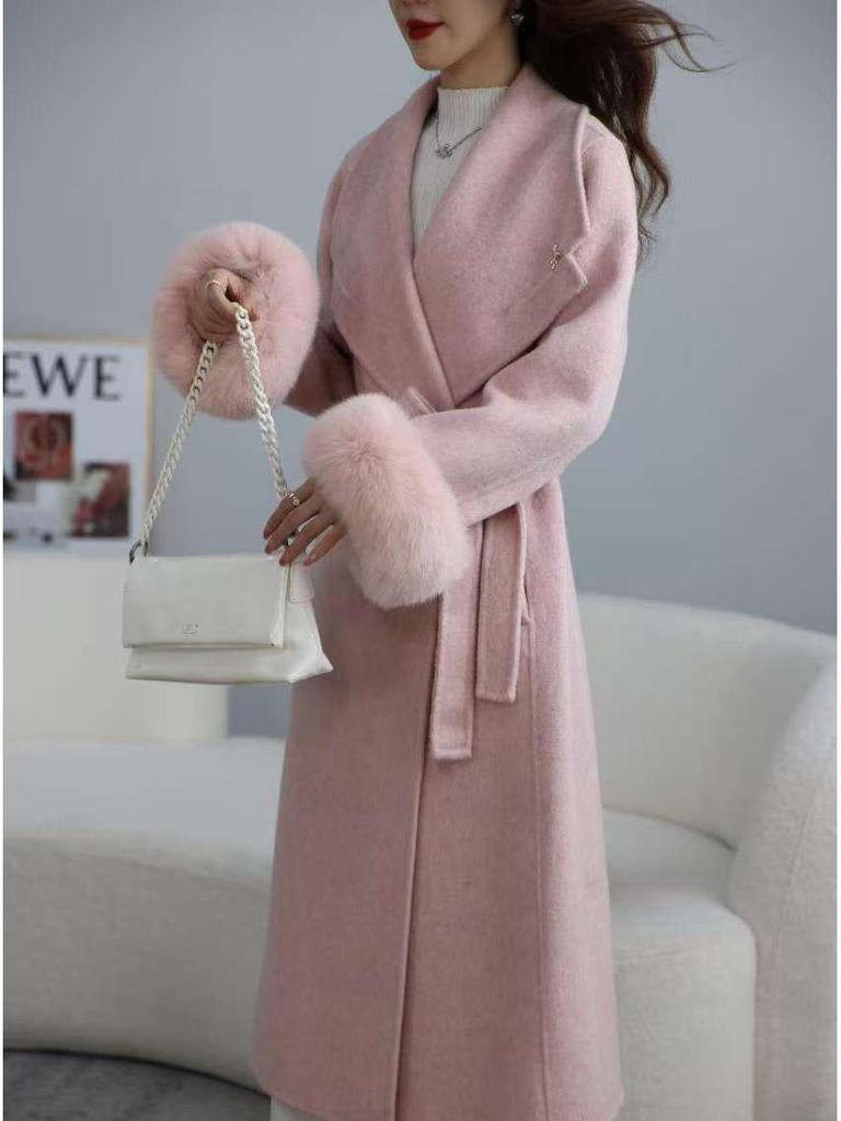 2025 Women's French Double-Faced Wool Coat with Cashmere & Real Fox Fur