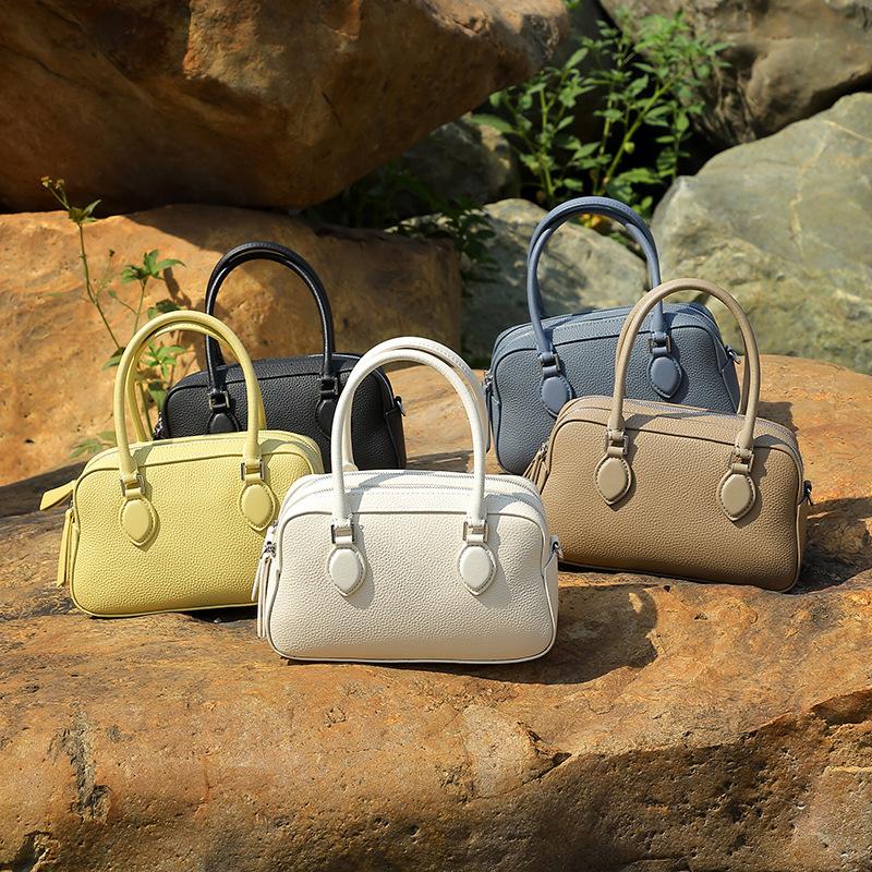 Genuine Leather High-end Hand-held Boston Bag Spring and Summer Crossbody Single-shoulder Pillow Bag Underarm Women's Bag