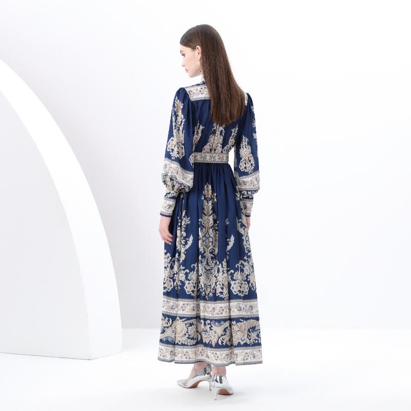 Весна-лето Женские платья больших размеров с винтажным дворцовым принтом, однобортные, длинные, макси, свободные, для праздников, с поясом