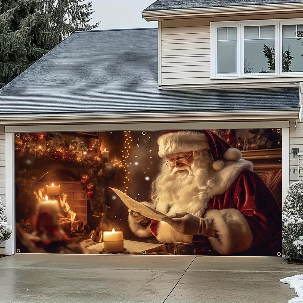 Santa Claus reading and fireplace Christmas garage banner,suitable for winter celebrations and New Year's front porch de