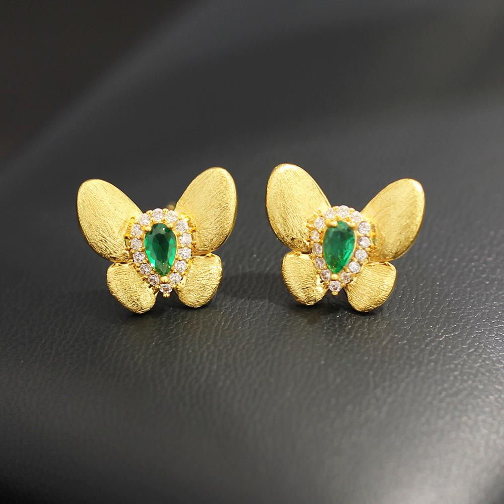 New product design brushed gold butterfly stud red green two-color insect earrings 925 silver needle earrings for women