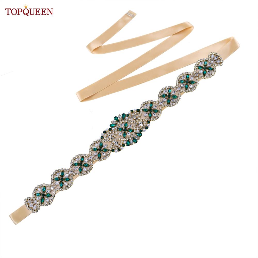 TOPQUEEN S161-KL Новое свадебное платье, пояс для женщин, золотой пояс ручной работы, роскошные аксессуары с поясом, повседневное вечернее платье, зеленые стразы