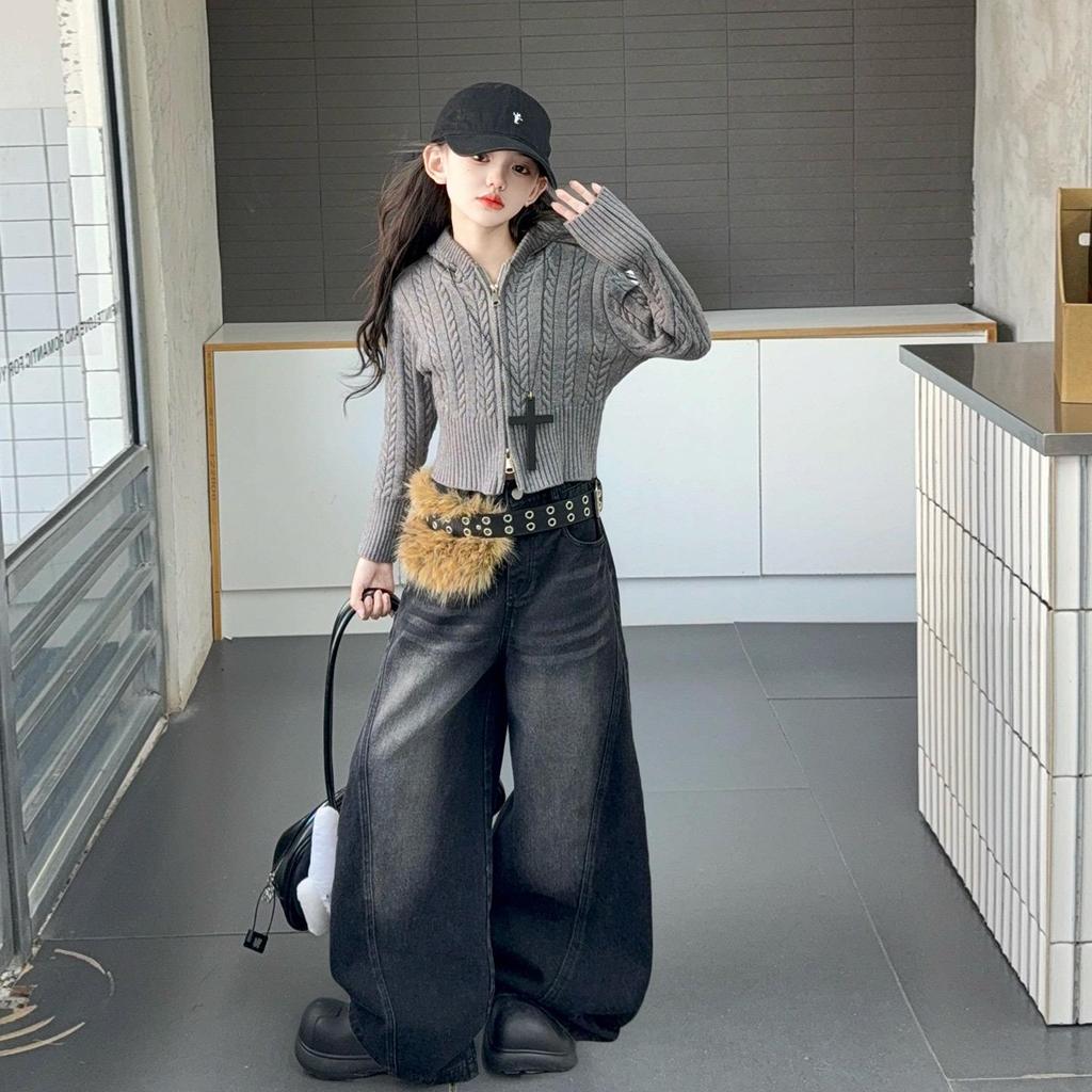 Комплект для девочек «Осень 2025», кардиган с капюшоном и джинсы в корейском стиле