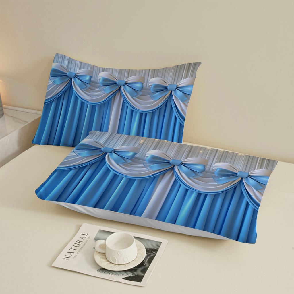 Синие Занавески с Бантами Комплект Постельного Белья с Простыней на Резинке Сине-Белый Принт Занавесок Постельное Белье с Наволочками для Спальни