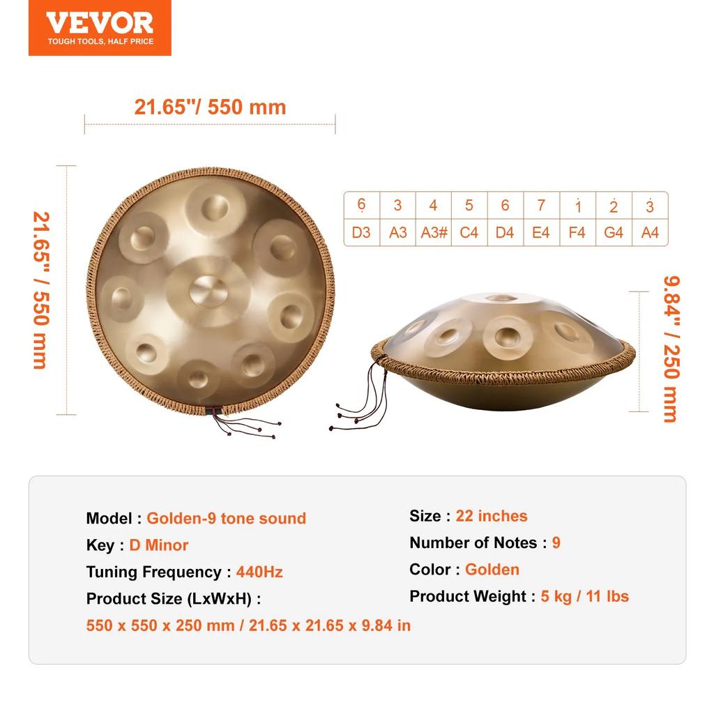 VEVOR Handpan Drum 55.9 cm 9 Notes D Minor Steel Hand Drum with Mallets for Adult