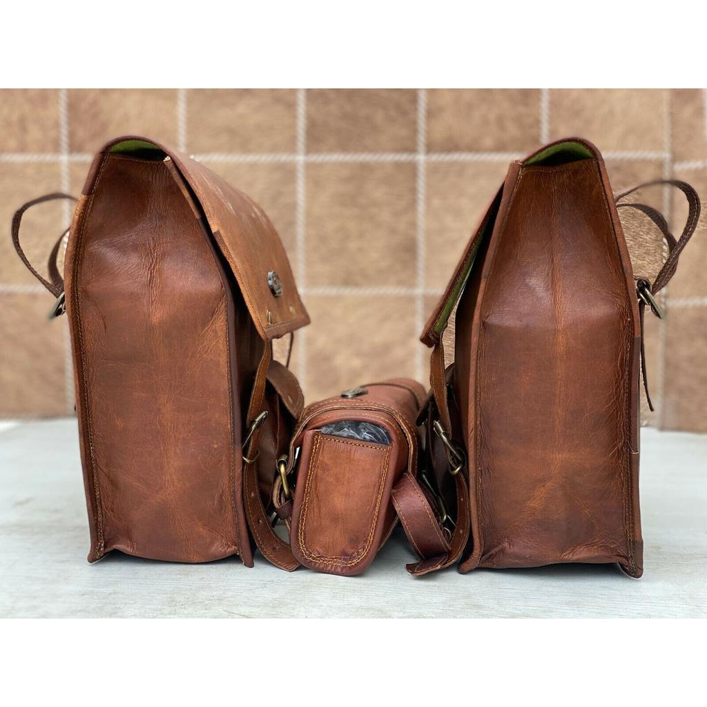 Leather Motorcycle Combo 3 Bags Saddle Pouch Bags Panniers Fork Bag Side Luggage