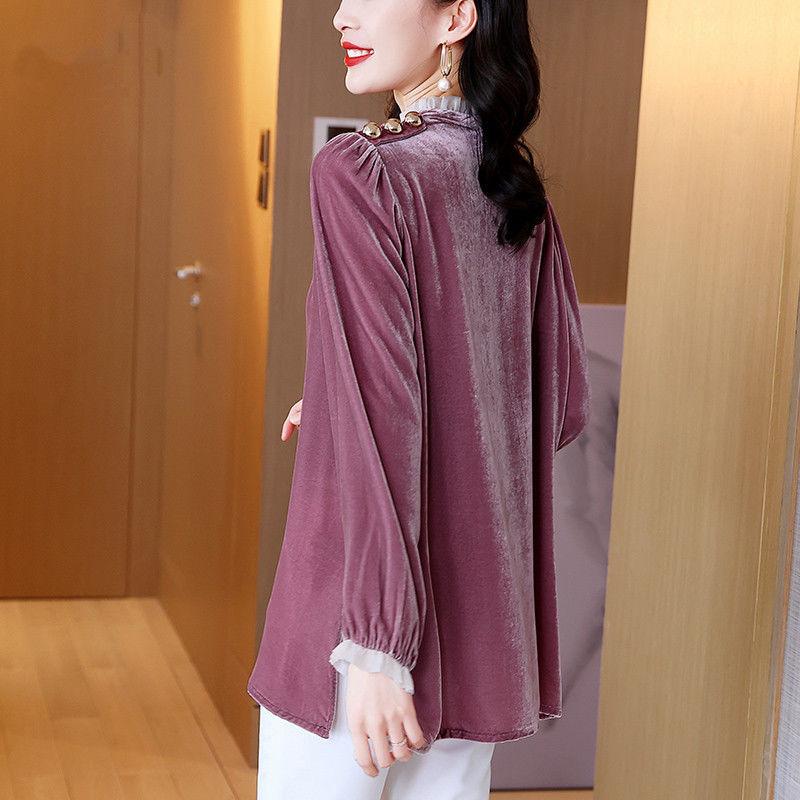 Женская рубашка из золотого бархата, новый весенний стиль, свободный крой, высокое качество, однотонная, с грибовидным воротником, средней длины