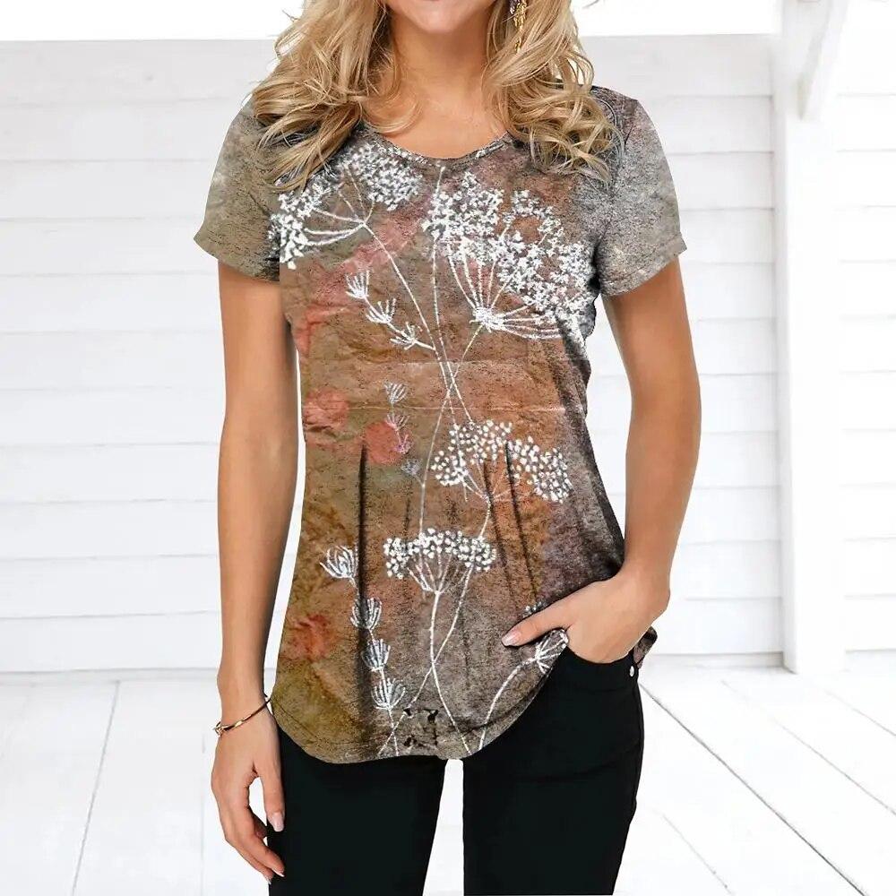 Летняя женская футболка в стиле ретро с цветочным принтом, повседневная повседневная футболка, обычный пуловер для женщин, женская одежда с коротким рукавом и круглым вырезом