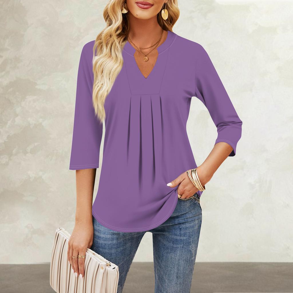 Women's Seven-quarter Sleeve Tops Casual V-neck Chest Ruffles Solid Color Loose T-shirt Tops