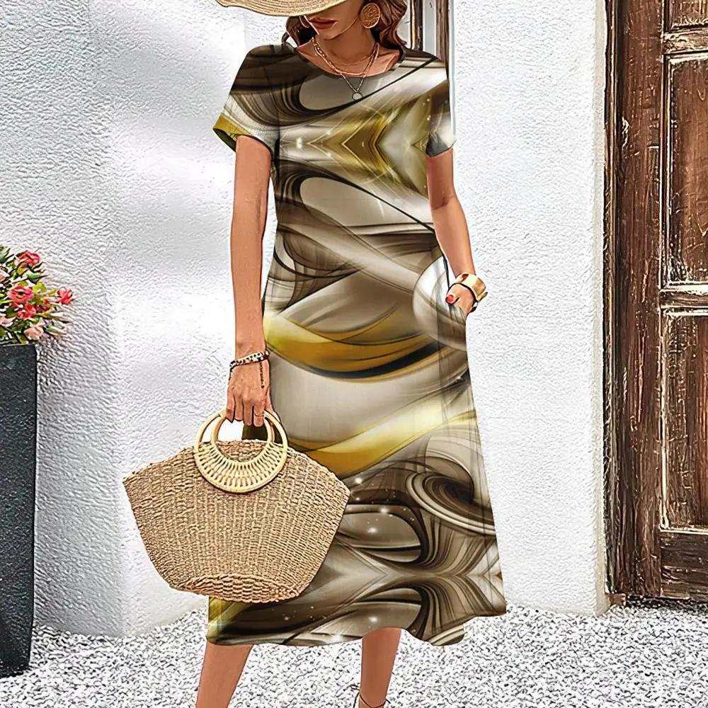 Элегантное женское платье летнее платье с короткими рукавами полосатая принтованная женская одежда свободная юбка А-силуэта повседневный круглый воротник пуловер