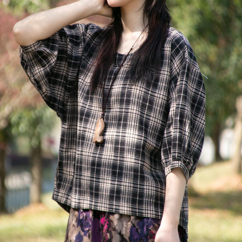 Летняя женская одежда Этнический принт хлопковая льняная блузка Топ Круглый вырез Рукава семь четвертей Футболки